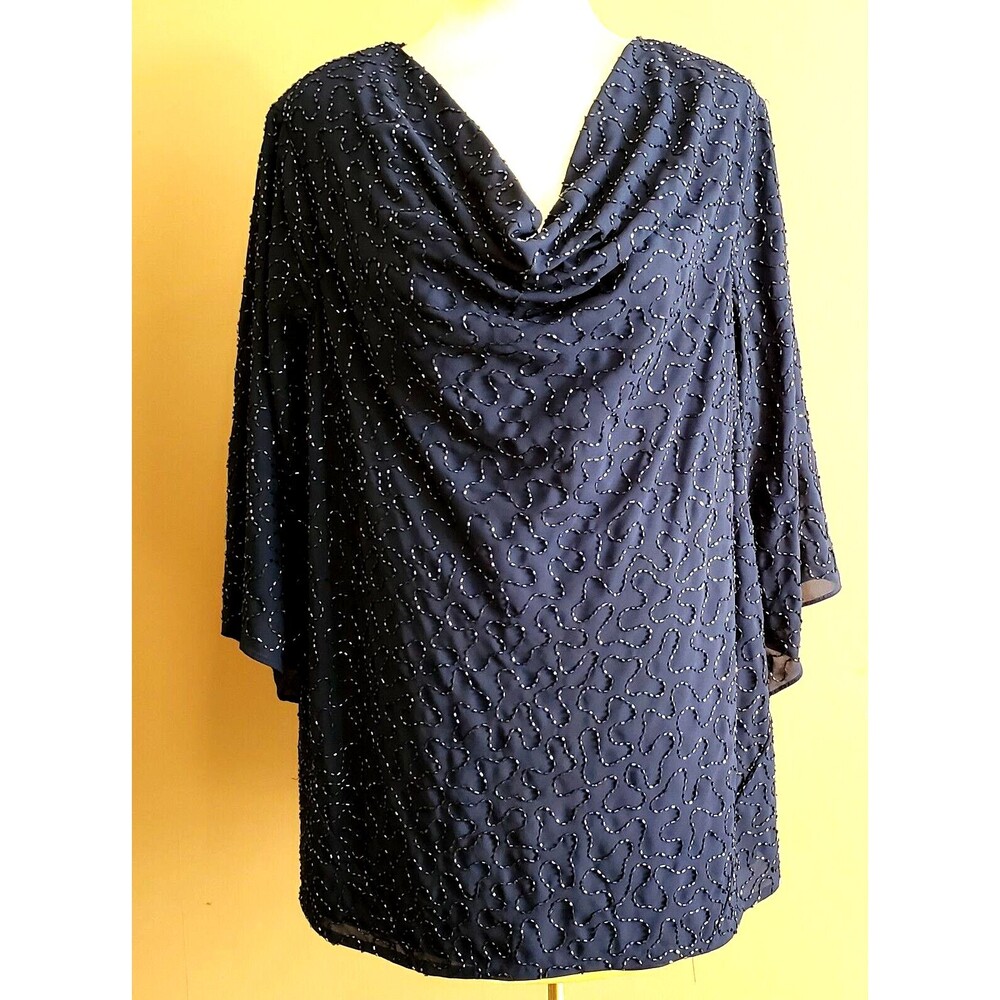 Vintage Beaded Top Blouse Embellished 22W Plus Blue Tunic Draped Neck 3/4 Sleeve